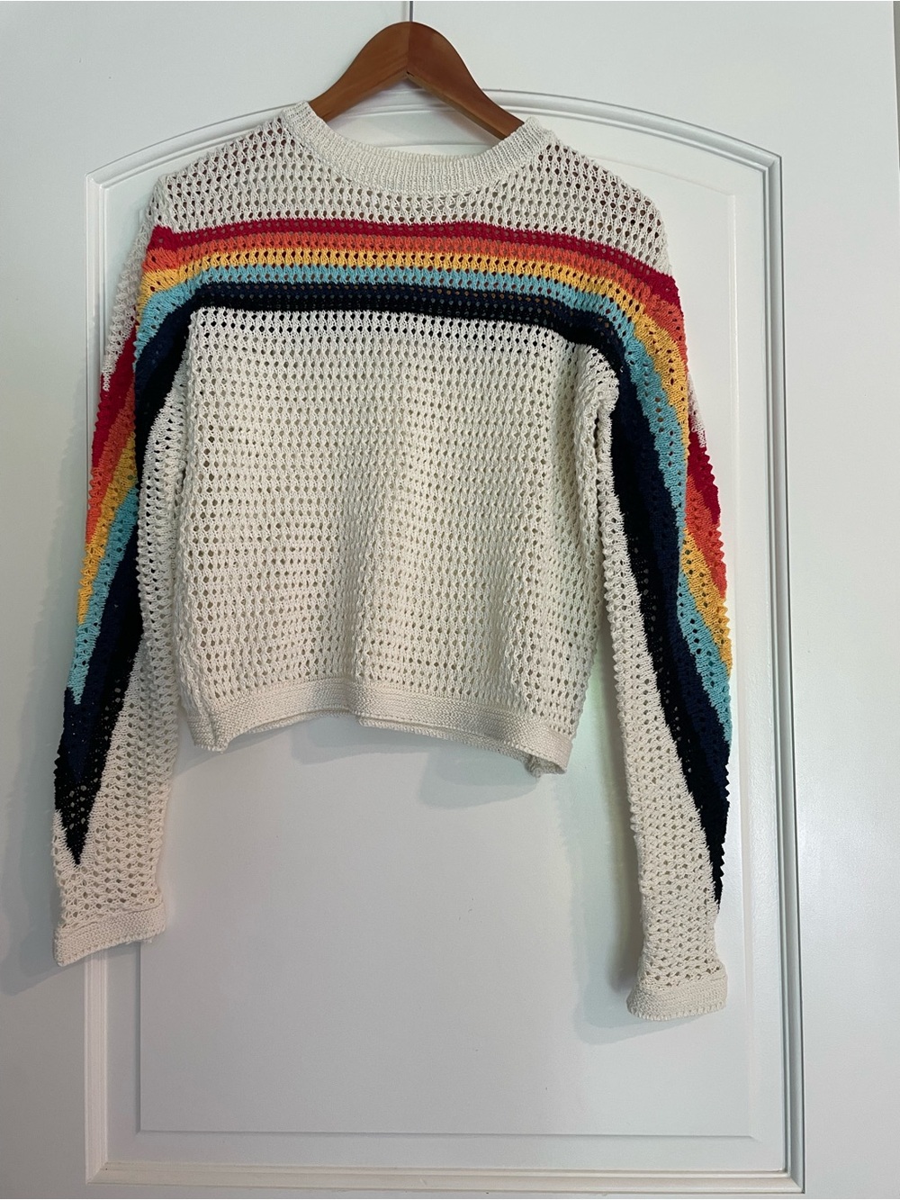 MakeMeChic Ivory Rainbow Stripe Crochet Open-Knit Boho  lPullover Sweater S/M